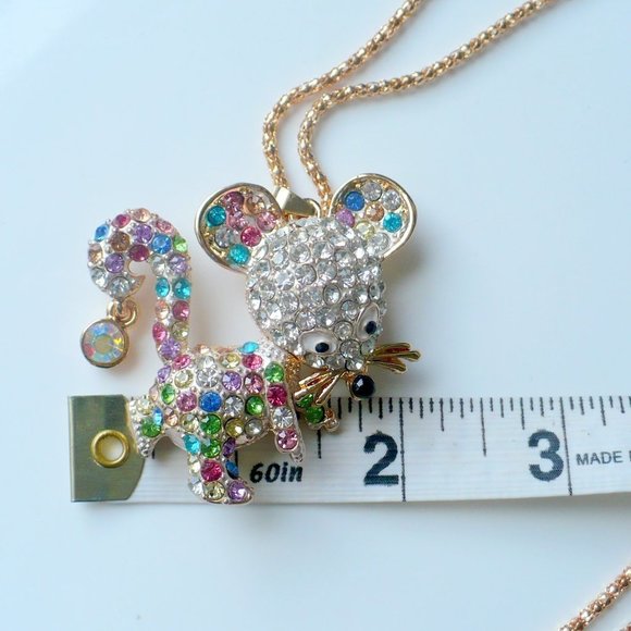 ❤️ NEW Multi-Color Rhinestone Mouse Pendant Necklace 24" Chain - Picture 3 of 8